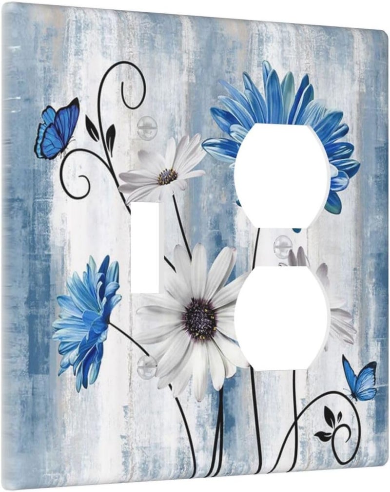 Sghxwp Light Switch Cover Rustic Teal Blue Daisy Floral Farmhouse 2 Gang Outlet Cover 1 Toggle Duplex Decorative Switch Plates Wall Plate Electrical Receptacle Faceplate for Bathroom Bedroom - Image 2